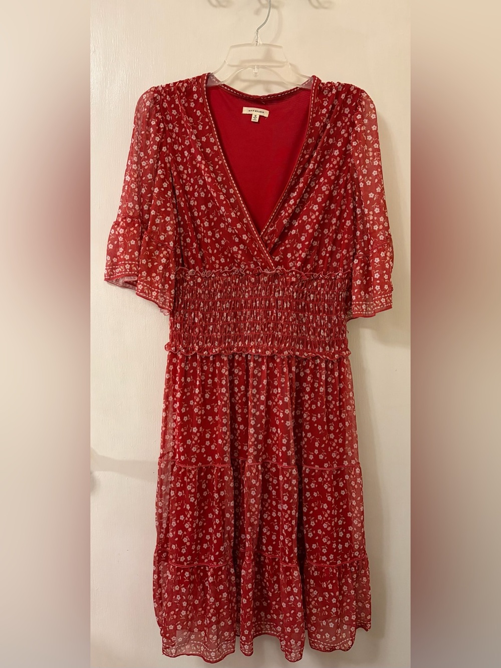 Max Studio Red Floral V-Neck Smocked Midi Dress by Unknown Brand